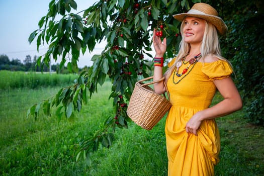 A joyful blonde woman, dressed in a mustard-colored dress, holds ripe red cherries under a low-hanging cherry tree. Bright spring day with green leaves and clear skies.