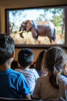 Children are sitting on a couch, watching a nature documentary about elephants on tv