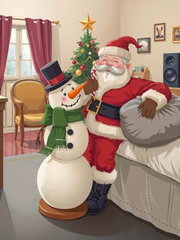 In the image, a cheerful Santa Claus is standing next to a snowman. The snowman is wearing a green scarf and a red hat, and is holding a carrot in its mouth. Santa is dressed in his traditional red suit and a top hat, and is holding a sack in his left hand. The scene is set in a cozy living room, with a Christmas tree in the background and a window with red curtains.