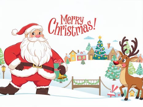 The image depicts a festive scene with Santa Claus and Rudolph the Red-Nosed Reindeer. Santa is standing on the left side, wearing his iconic red suit and holding a green gift box. Rudolph is on the right side, wearing his signature red nose and holding a red sleigh. The background features a snowy landscape with houses, trees, and a bridge. The text Merry Christmas is prominently displayed in the center of the image.