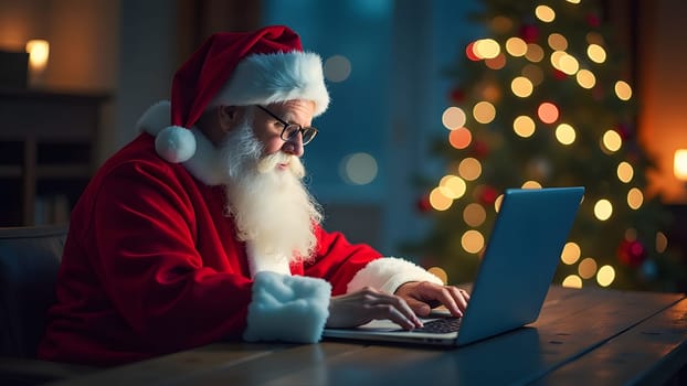 santa clause working on laptop against festive background, generative ai. High quality photo