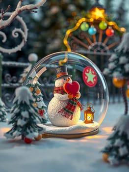 The image depicts a snow globe containing a white snowman wearing a top hat and holding a red heart, surrounded by a snowy landscape with trees and a Christmas tree in the background. The snow globe is placed on a wooden base, and a small lantern is positioned next to it. The background is blurred, suggesting a festive atmosphere with Christmas decorations and lights.