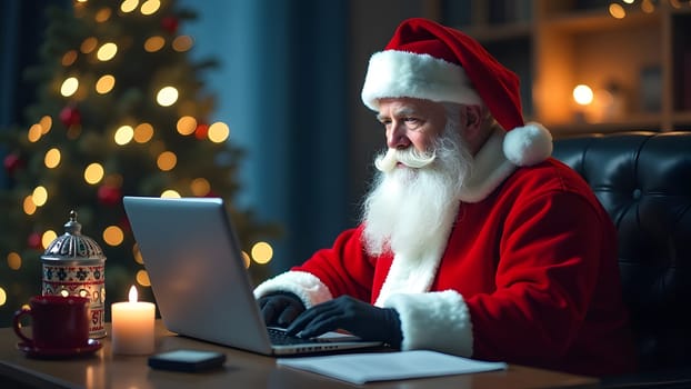 santa clause working on laptop against festive background, generative ai. High quality photo