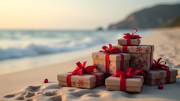 pile of christmas gifts on the beach, generative ai. High quality photo