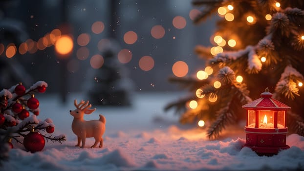 Festive christmas background with fir trees and lights, generative ai. High quality photo