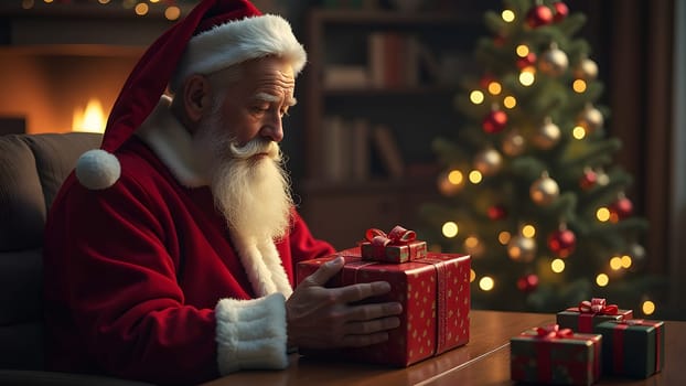 santa clause preparing gifts against festive background, generative ai. High quality photo