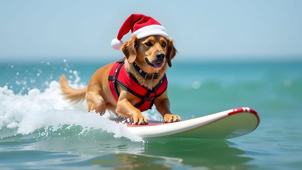 Cute dog surfing wearing christmas hat, generative ai. High quality photo