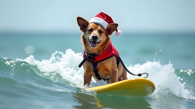 Cute dog surfing wearing christmas hat, generative ai. High quality photo