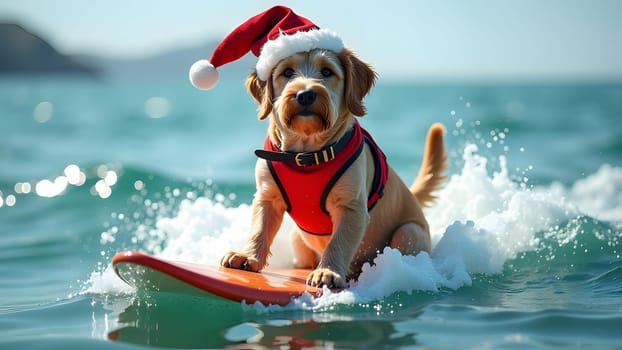 Cute dog surfing wearing christmas hat, generative ai. High quality photo