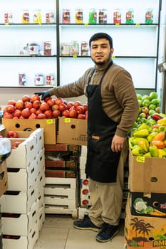 organic shop people food seller market business standing man vegetables retail store sale