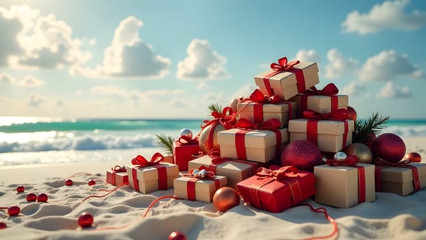 pile of christmas gifts on the beach, generative ai. High quality photo