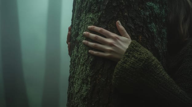 Person hugging tree in misty forest, nature connection concept.