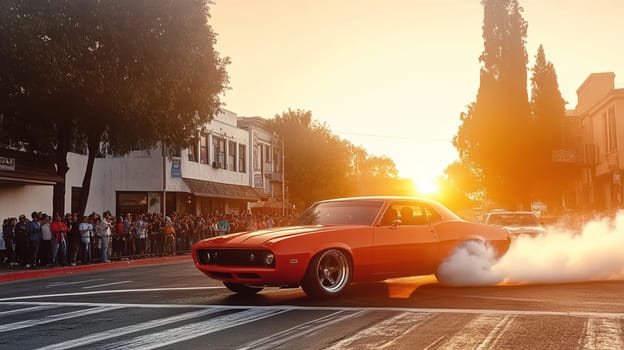 Pink muscle car revs its engine, creating smoke as a crowd cheers at an event. The vibrant sunset adds excitement to this dynamic scene of automotive passion in california's urban streets