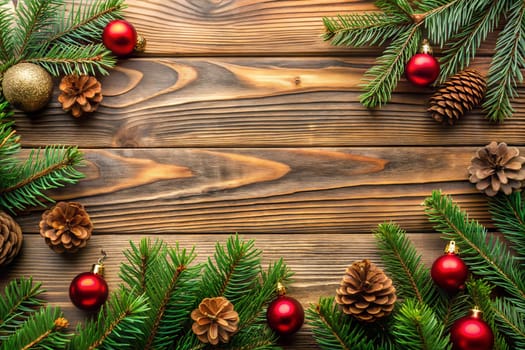 Christmas and Happy New Year background. Frame with fir branches and cones. Wooden backdrop with copy space. Ai generated