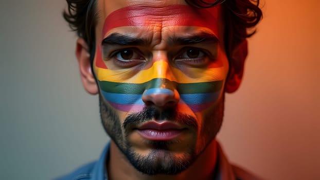 close up man portrait with lgbt rainbow painted on the face, generative ai. High quality photo