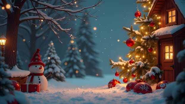 Festive christmas background with chalet and fir trees, generative ai. High quality photo