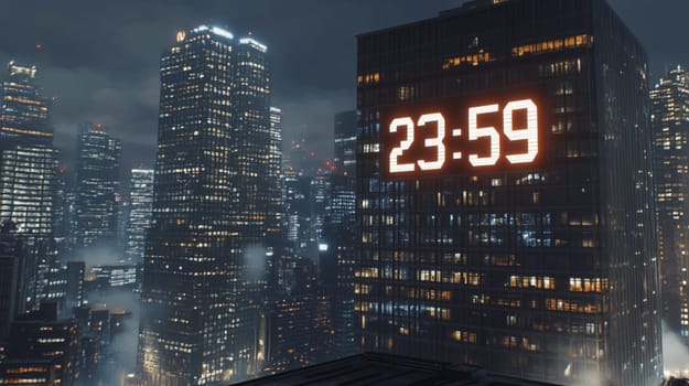 Night falls over the city, a digital clock on a skyscraper displays 23,59, creating a futuristic atmosphere. The countdown symbolizes deadlines and the urgency of time management
