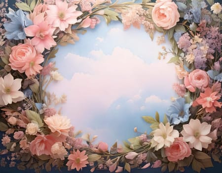 Breathtaking Beauty of Spring. Special Occasion Floral Template. Pastel Colors and Blank Space Floral Frame. Perfect Design for Invitations, Special Occasions and Celebrations. A delicate floral frame designed in soft pastel tones provides the perfect backdrop for invitations, cards, announcements or congratulatory messages. Featuring vibrantly colored flowers, this elegant yet simple design includes a large blank space in the center for adding text. Perfect for special occasions, wedding invitations, birthday cards or social media sharing.