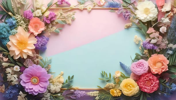Breathtaking Beauty of Spring. Special Occasion Floral Template. Pastel Colors and Blank Space Floral Frame. Perfect Design for Invitations, Special Occasions and Celebrations. A delicate floral frame designed in soft pastel tones provides the perfect backdrop for invitations, cards, announcements or congratulatory messages. Featuring vibrantly colored flowers, this elegant yet simple design includes a large blank space in the center for adding text. Perfect for special occasions, wedding invitations, birthday cards or social media sharing.