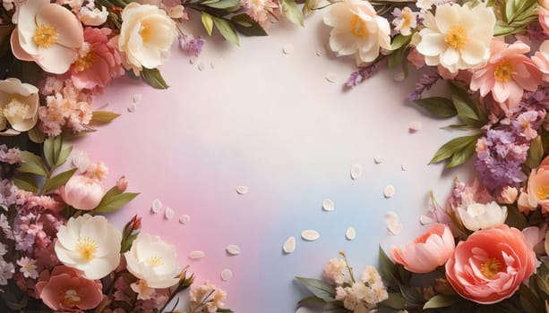 Breathtaking Beauty of Spring. Special Occasion Floral Template. Pastel Colors and Blank Space Floral Frame. Perfect Design for Invitations, Special Occasions and Celebrations. A delicate floral frame designed in soft pastel tones provides the perfect backdrop for invitations, cards, announcements or congratulatory messages. Featuring vibrantly colored flowers, this elegant yet simple design includes a large blank space in the center for adding text. Perfect for special occasions, wedding invitations, birthday cards or social media sharing.