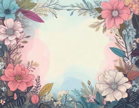 Breathtaking Beauty of Spring. Special Occasion Floral Template. Pastel Colors and Blank Space Floral Frame. Perfect Design for Invitations, Special Occasions and Celebrations. A delicate floral frame designed in soft pastel tones provides the perfect backdrop for invitations, cards, announcements or congratulatory messages. Featuring vibrantly colored flowers, this elegant yet simple design includes a large blank space in the center for adding text. Perfect for special occasions, wedding invitations, birthday cards or social media sharing.