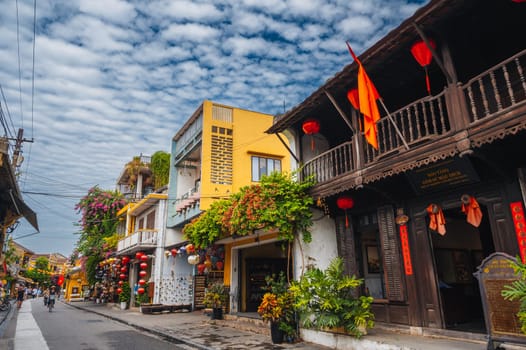 Ancient Asian streets in the old town of Hoi An heritage city with historic houses in Vietnamese style. Hoi An, Vietnam - September 12, 2024