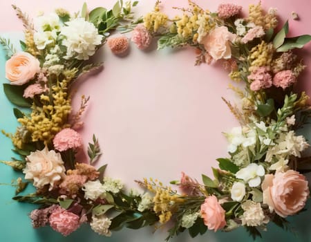 Breathtaking Beauty of Spring. Special Occasion Floral Template. Pastel Colors and Blank Space Floral Frame. Perfect Design for Invitations, Special Occasions and Celebrations. A delicate floral frame designed in soft pastel tones provides the perfect backdrop for invitations, cards, announcements or congratulatory messages. Featuring vibrantly colored flowers, this elegant yet simple design includes a large blank space in the center for adding text. Perfect for special occasions, wedding invitations, birthday cards or social media sharing.