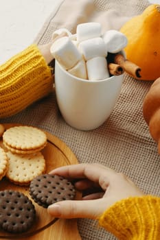 Woman in a warm knitted sweater drinks cocoa with milk and chocolate in a mug with cookies, sitting next to pumpkins. Hot drink in a cup. Autumn season. Warm homely atmosphere. Cozy house