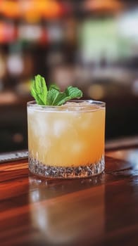 Refreshing yellow cocktail sitting on bar top with mint garnish
