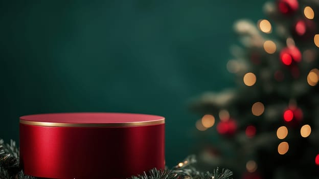 a empty Christmas product Round red podium close shot green , Christmas holiday-theme decorations background --ar 16:9 --v 6.1 Job ID: 80a2c01a-ba17-434c-8040-9901bc4be0fe