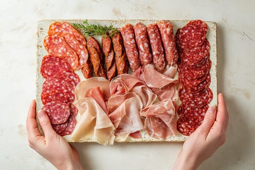 Woman hands holding plate presenting variety of processed meat products, from above