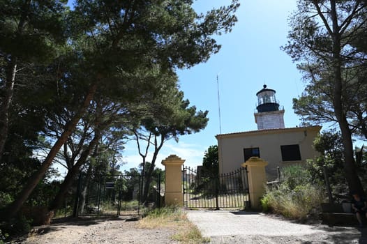 Panoramic view of the lighthouse of Porquerolles island in summer time, French Riviera, France, High quality photo