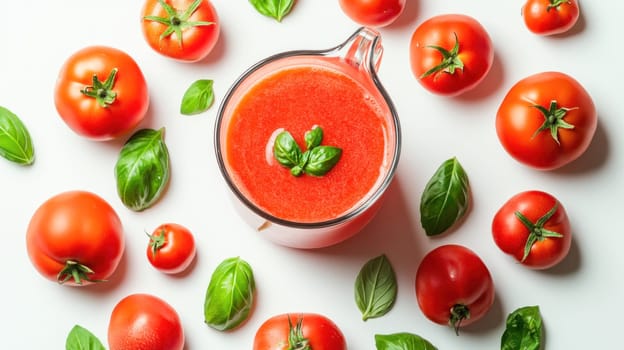 Glass of tomato juice surrounded by fresh tomatoes and basil leaves, creating a vibrant and healthy flat lay composition