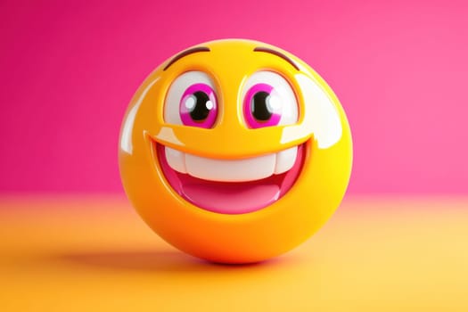 3d rendering of a yellow emoji with big eyes and a wide open mouth smiling on a pink and orange gradient background