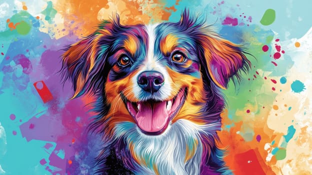 Colorful australian shepherd dog portrait is smiling with tongue out on an abstract background