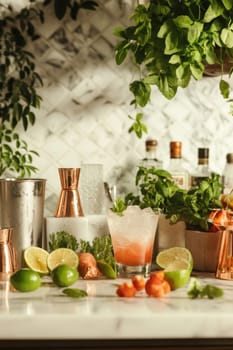 Delicious pink cocktail is ready to enjoy on a marble countertop surrounded by fresh ingredients and cocktail making supplies