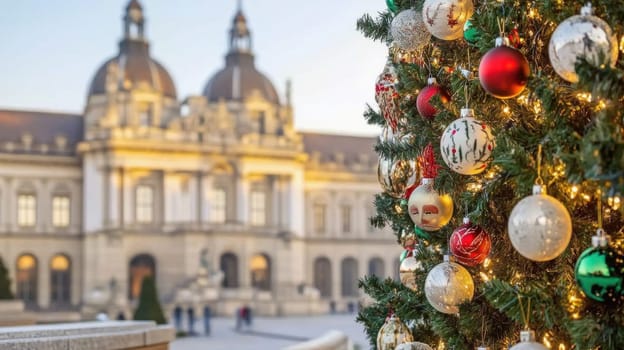 Christmas tree decorated with illuminated ornaments standing in a public square in front of a historical building