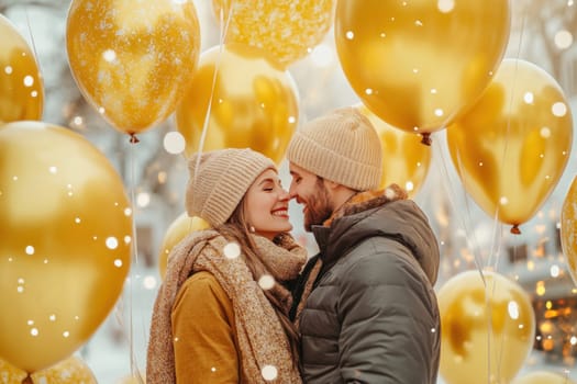 Young couple is laughing and about to kiss while being surrounded by gold balloons and golden confetti