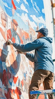 Painter standing on a ladder and adding a detail to a large colorful wall mural depicting a historical scene
