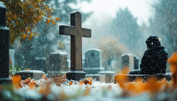 Person wearing black is mourning at a cemetery covered in snow while sitting by a headstone with a cross