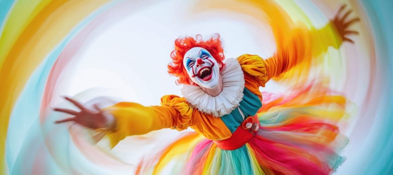 Clown is spinning joyfully with a blurred colorful background