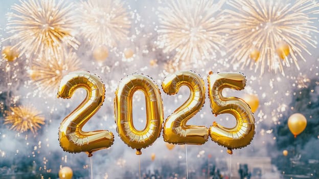 Golden balloons showing 2025 floating with fireworks exploding in the background