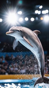 Dolphin is jumping out of the water in a nighttime show with spectators in the background