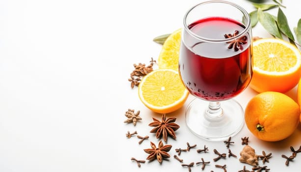 Aromatic mulled wine is warming on a white background surrounded by oranges and spices