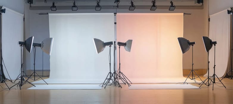 Several studio lights are illuminating a white and a beige backdrop in an empty photo studio