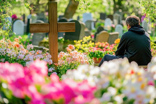 Man sitting on bench in graveyard remembering loved one surrounded by flowers