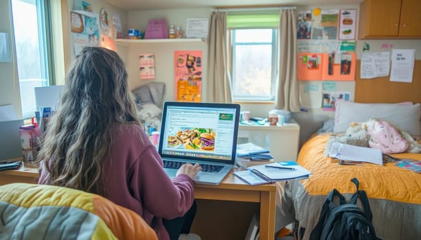 University student is ordering food online using her laptop in her dorm room