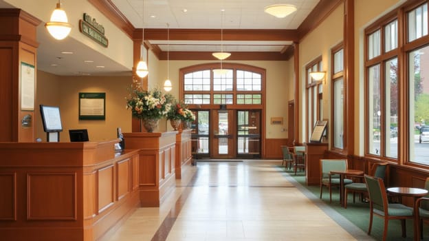 Bright and welcoming hotel lobby featuring a reception desk, comfortable seating area, and large windows