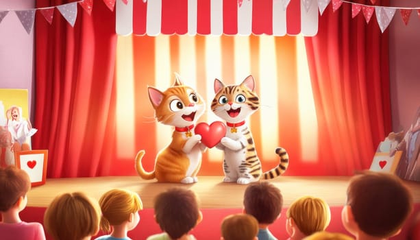 Two cute cartoon cats are showing a big red heart on stage to kids