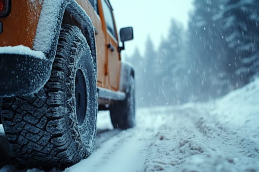Snowy country road with car on winter day, closeup. Space for text.